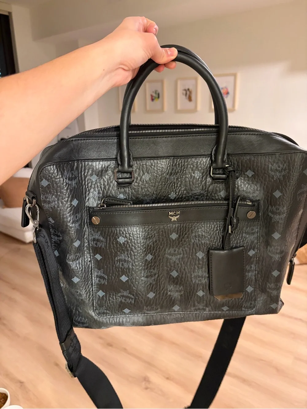 MCM Black Visetos Logo Leather Briefcase with Detachable Strap